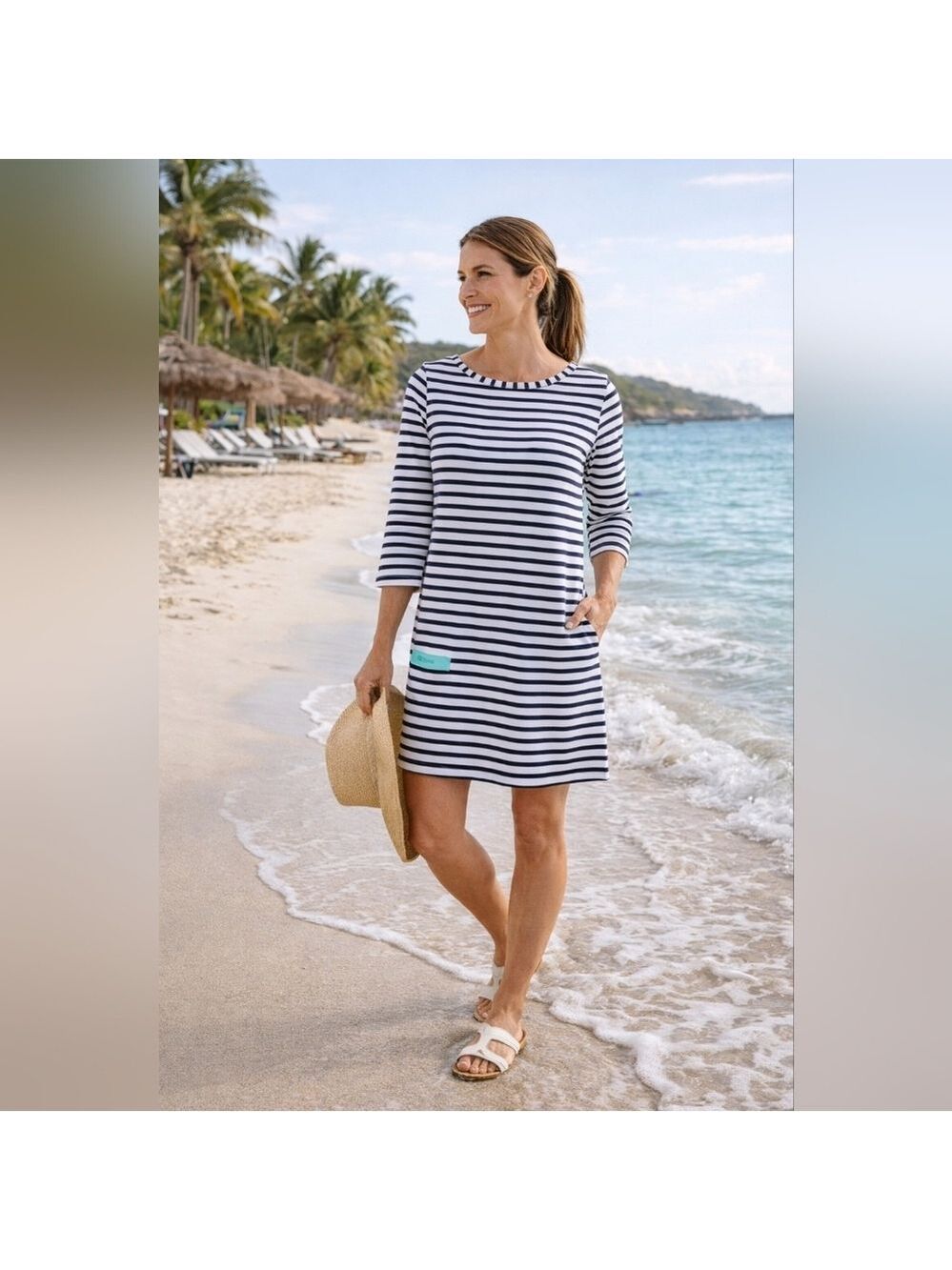 Cabana Life Navy & White Stripe UPF Cover-Up Dress | Women’s L | Like New
